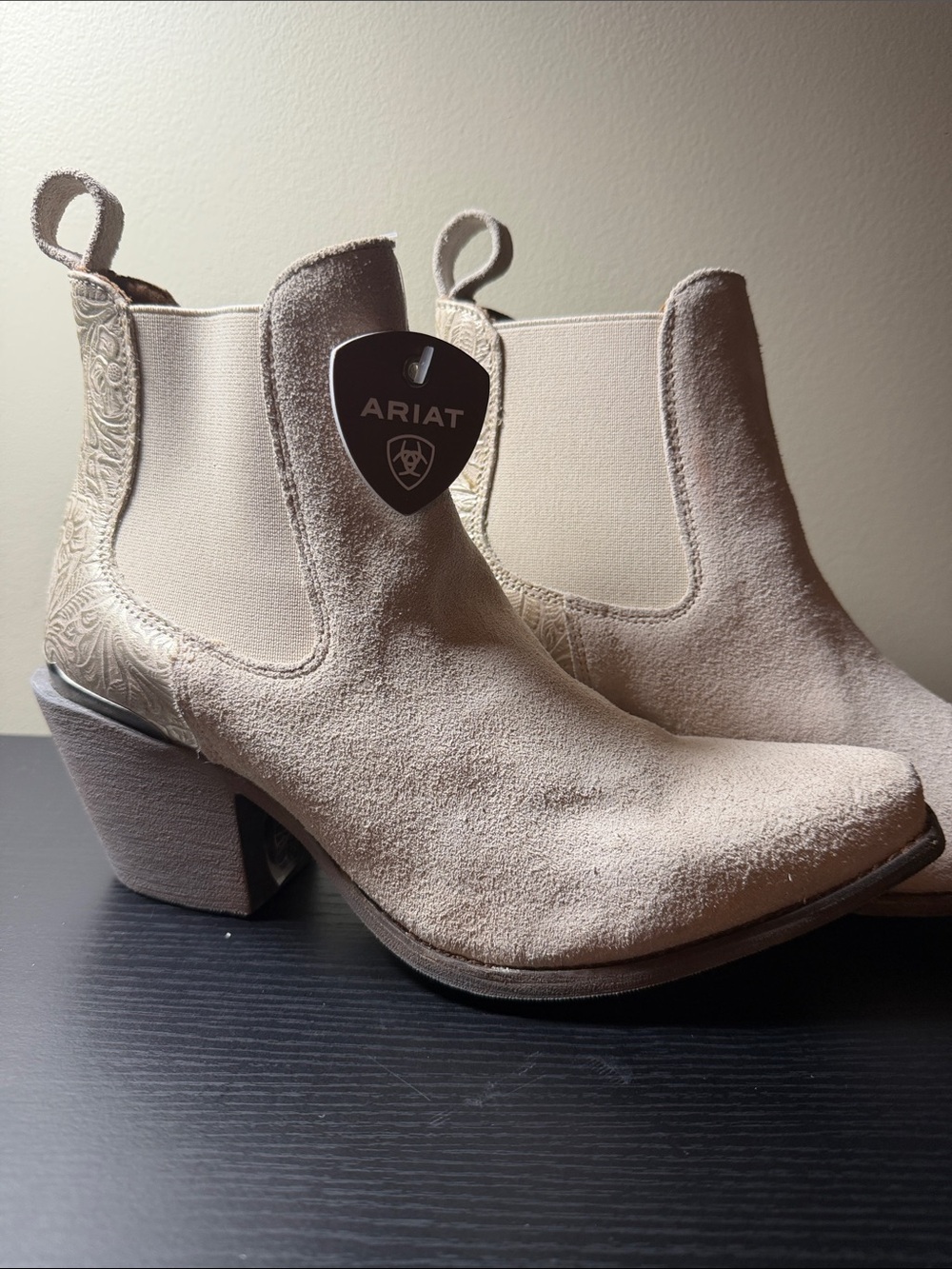 Ariat Women's Light Beige Suede Chelsea Booties with Embroidered Heel